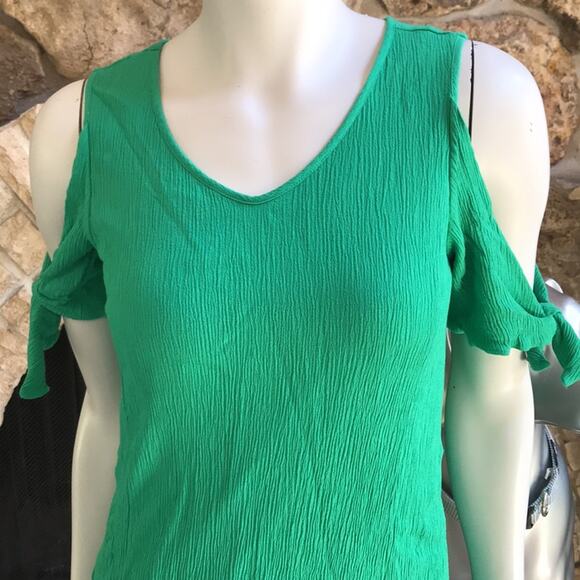 Soft Surroundings Cold Shoulder Tie Sleeve Green Rayon Dress Women’s Size PS - Picture 3 of 8